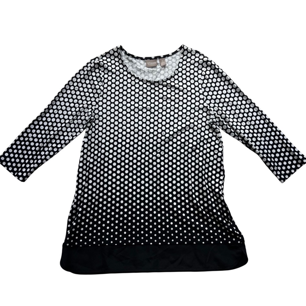 Chico's 1 Polka Dot Top Womens Med Sz 8  Black White 3/4 Sleeve Scoop Neck Tunic